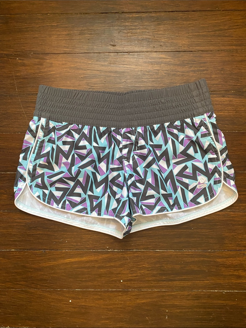 Nike Women's Geometric Print Athletic Shorts - Dark Gray, Purple & Aqua Small